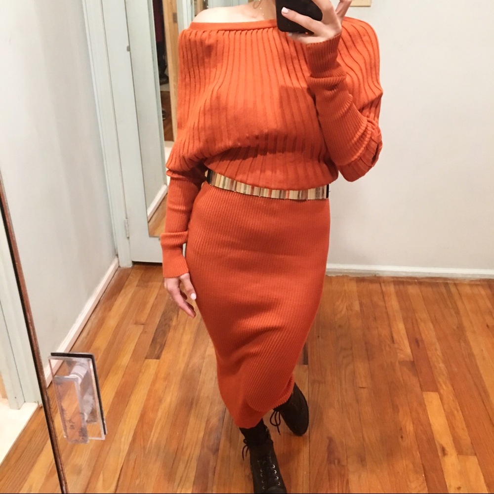 Restocked! Orange Ribbed Belted Knit Sweater Dress - Picture 2 of 8
